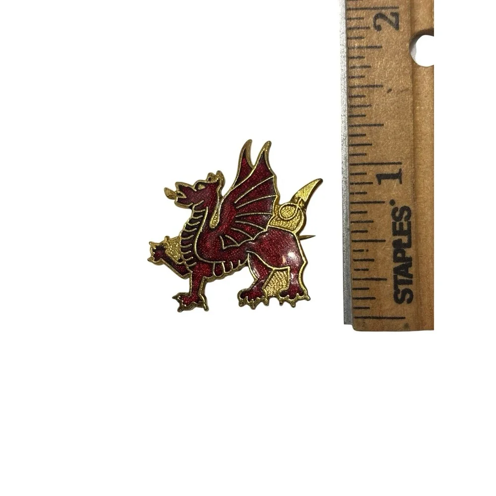 Vintage Gold Tone Red Enamel National Wales Symbol Welsh Dragon Brooch Pin